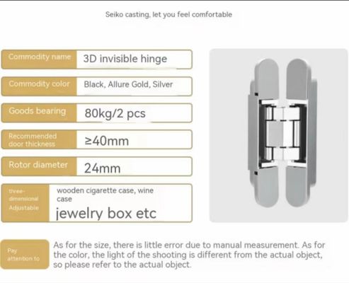 Heavy Duty 80kg Max Load Stainless Steel Invisible Hinge Set 3D Invisible Hinge